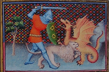 miniature, Yvain et lion combattant le dragon